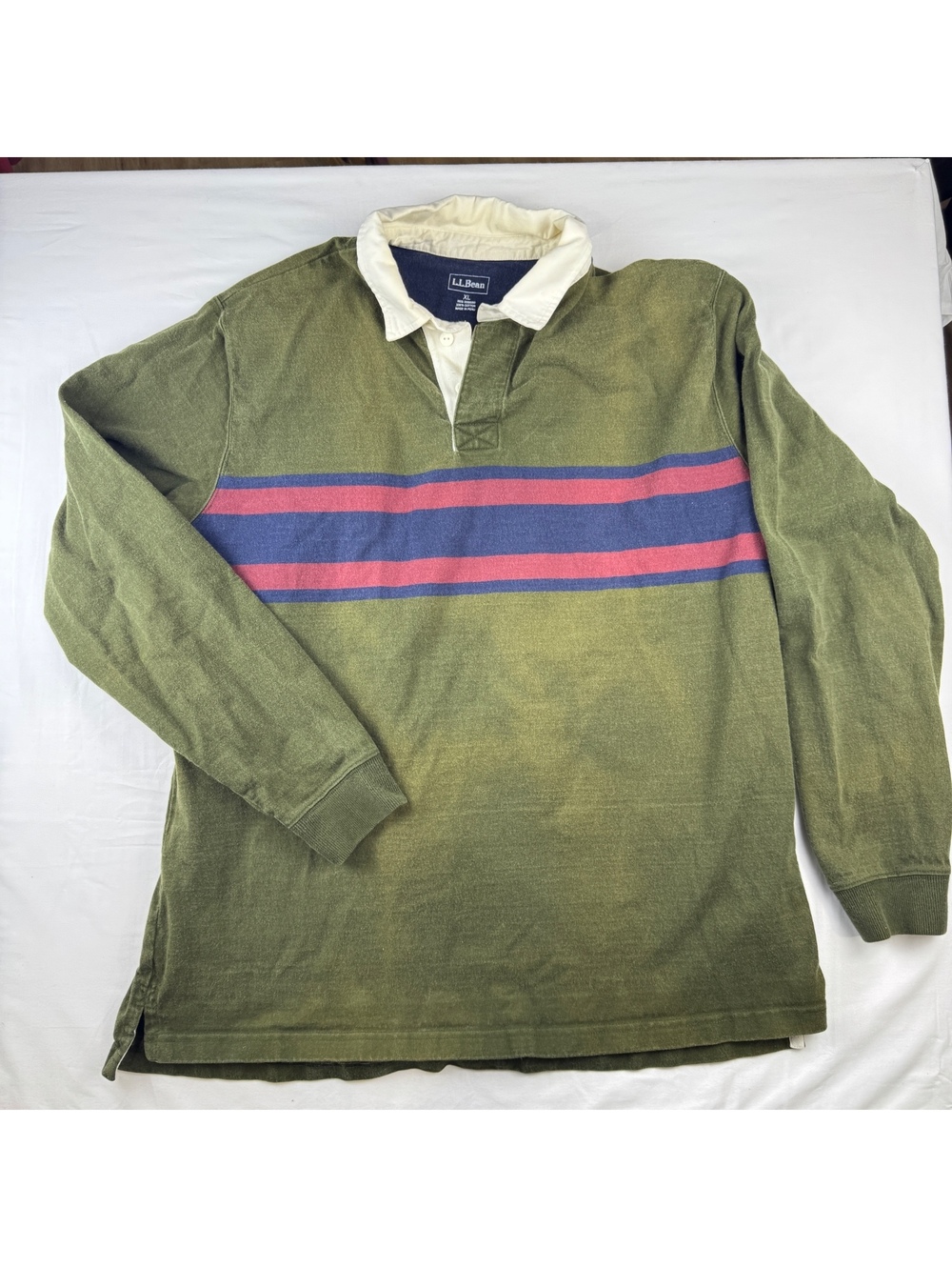 L.L.Bean Men's XL Green Rugby Shirt with Blue and Red Stripes Fading